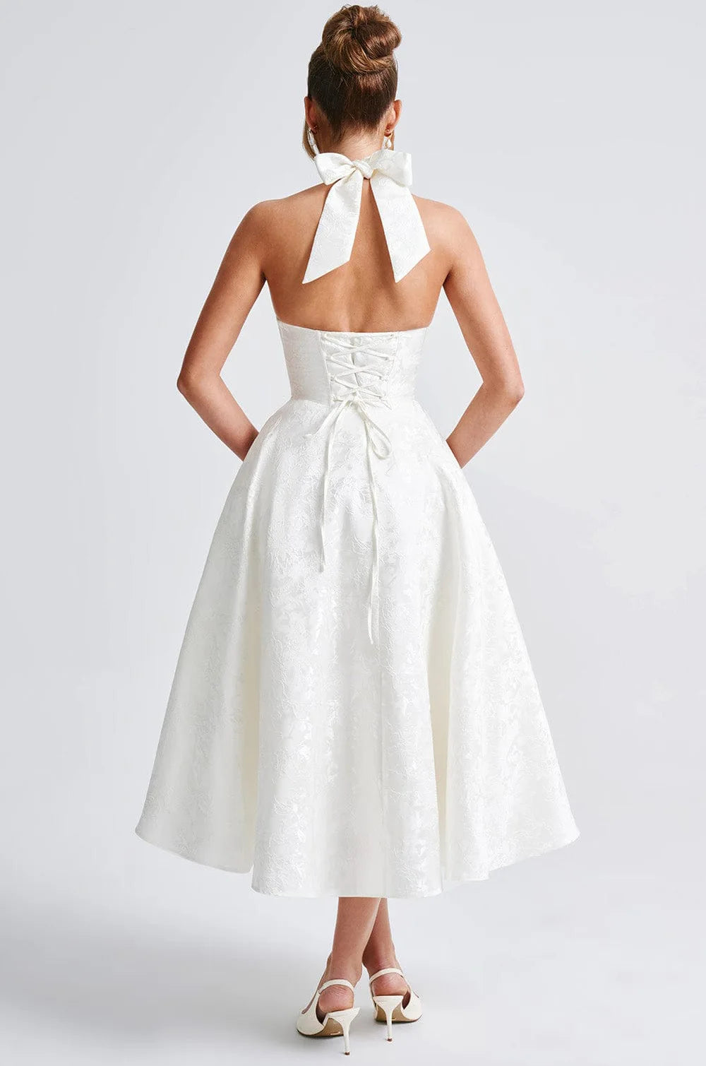 Elegant Pink Halter Jacquard Bow Long Dress Women's Corset Backless High Waist Yellow Dresses Summer Evening Party Wedding Guest