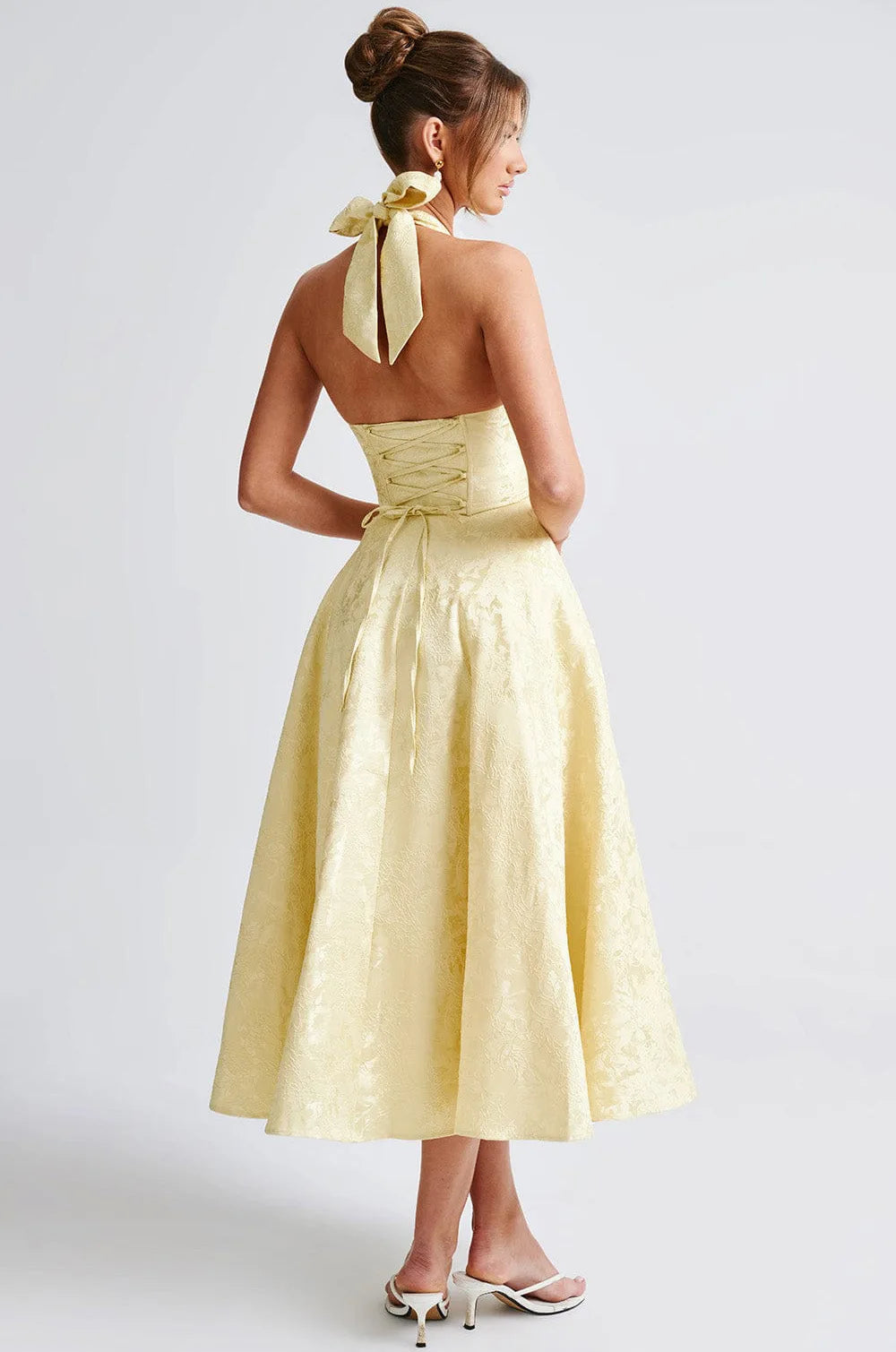 Elegant Pink Halter Jacquard Bow Long Dress Women's Corset Backless High Waist Yellow Dresses Summer Evening Party Wedding Guest