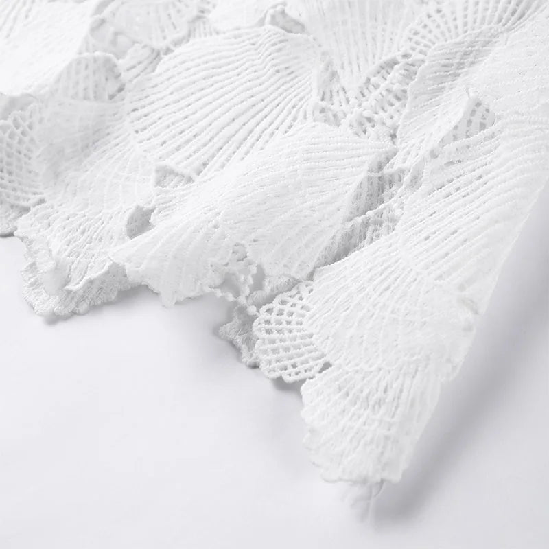 White Crochet Hollow-out Mini Dresses Women's Sexy IrregulaR Hem Stand Collar Full Sleeve Dress 2026 Spring New Lady Party Gowns
