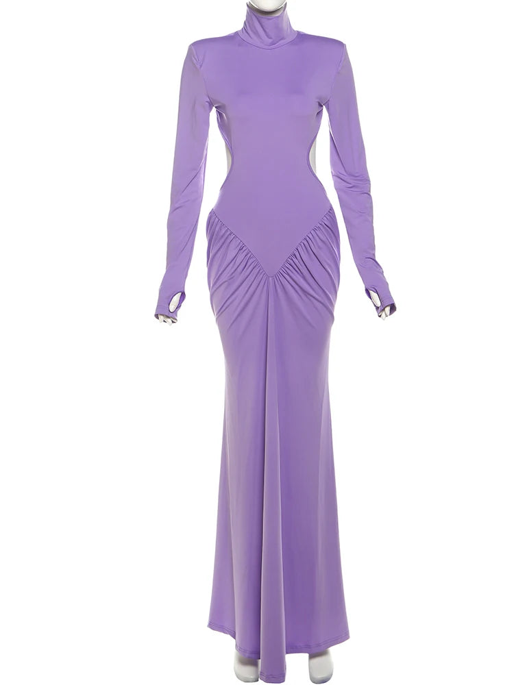 Weird Puss Backless Maxi Dress Women Long Sleeve Shoulder Pads Waistless Peach Buttocks Ruched Elegant Banquet Skinny Vestidos
