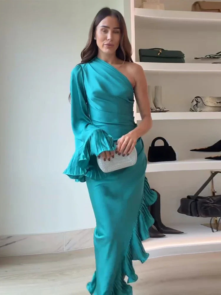 Blue Stain Evening Dresses for Women One Shoulder Long Sleeve Asymmetrical Ruffle Slim Long Dresses 2026 Spring New Party Gown