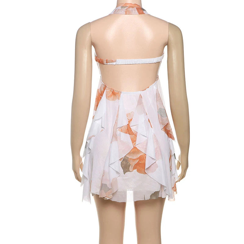 Floral Printd Lace Patchwork Sling Mini Dress Women Elegant Backless Sleeveless A Line Vestidos Chic Lady Holiday Street Wear