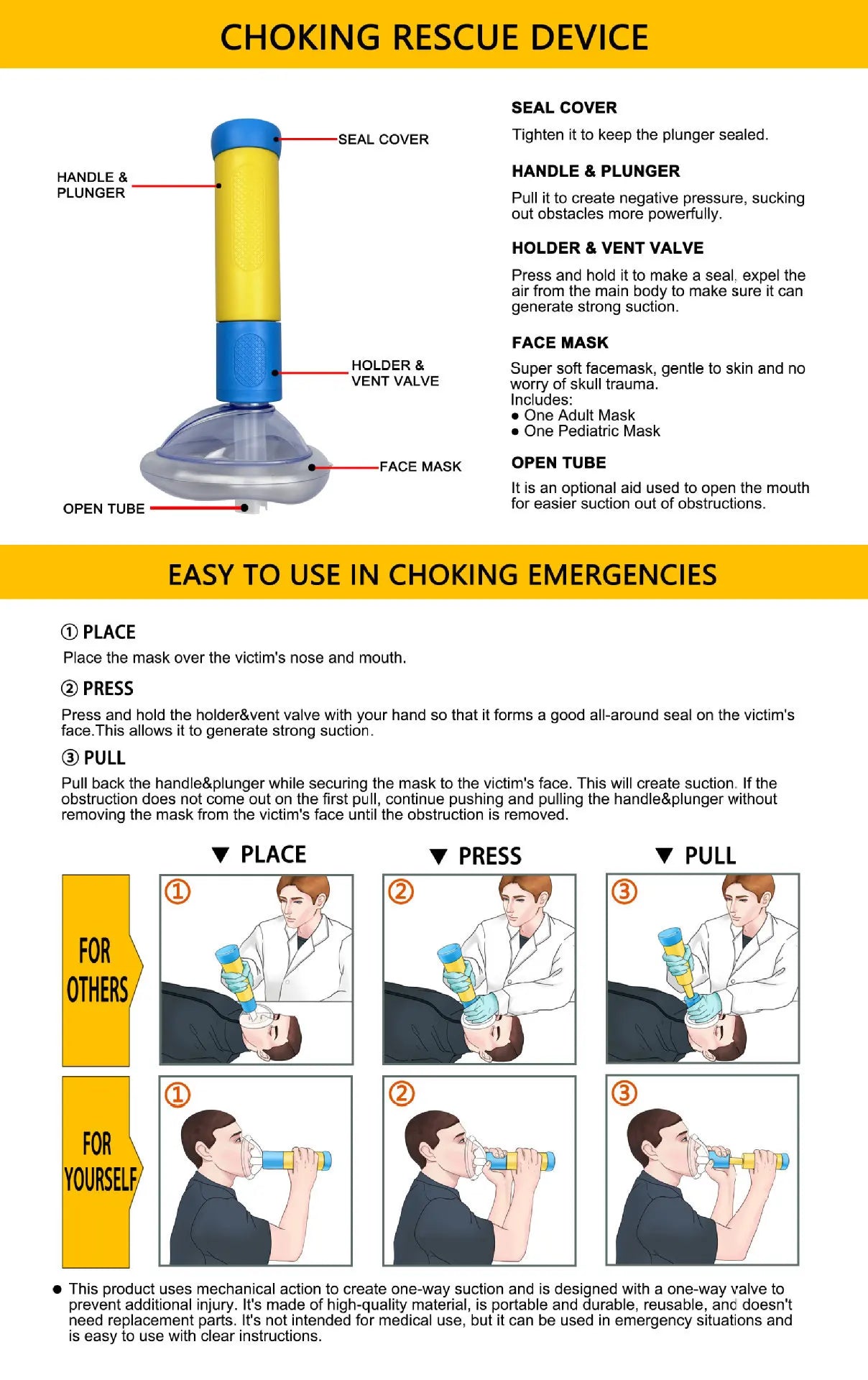 Portable Anti Choking Device Life Saving Suction Vac Anti Asphyxia CPR Training Mask First Aid Kit Adults & Children Home Rescue