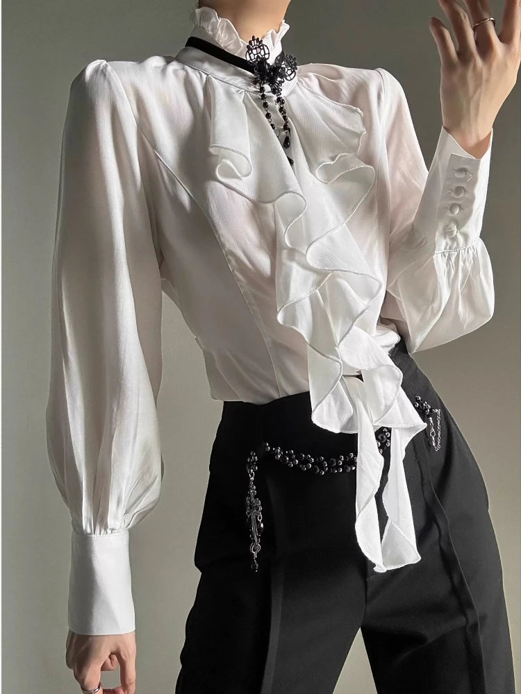 Deeptown White Ruffles Elegant Vintage Women Blouses Black Y2k Victorian Gothic Long Sleeve Stand Collar Shirts Loose Preppy