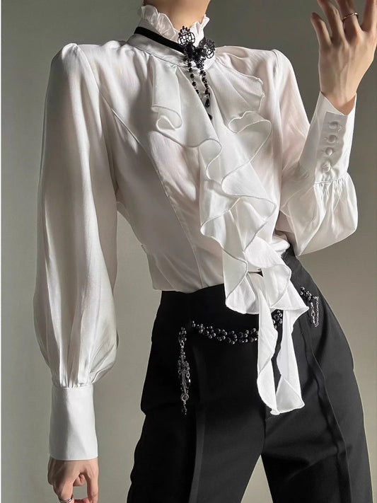 Deeptown White Ruffles Elegant Vintage Women Blouses Black Y2k Victorian Gothic Long Sleeve Stand Collar Shirts Loose Preppy