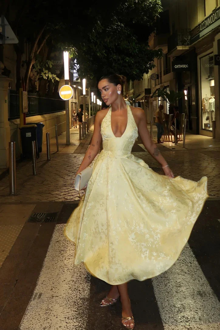 Elegant Pink Halter Jacquard Bow Long Dress Women's Corset Backless High Waist Yellow Dresses Summer Evening Party Wedding Guest