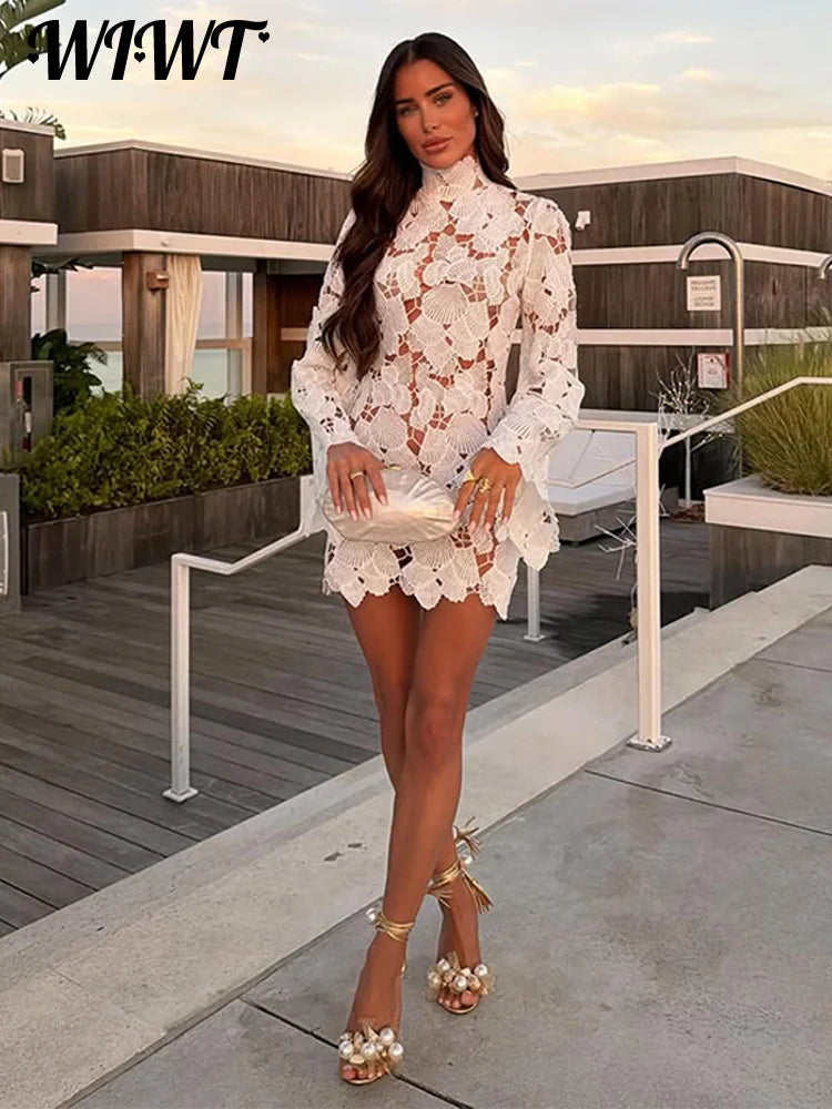 White Crochet Hollow-out Mini Dresses Women's Sexy IrregulaR Hem Stand Collar Full Sleeve Dress 2026 Spring New Lady Party Gowns