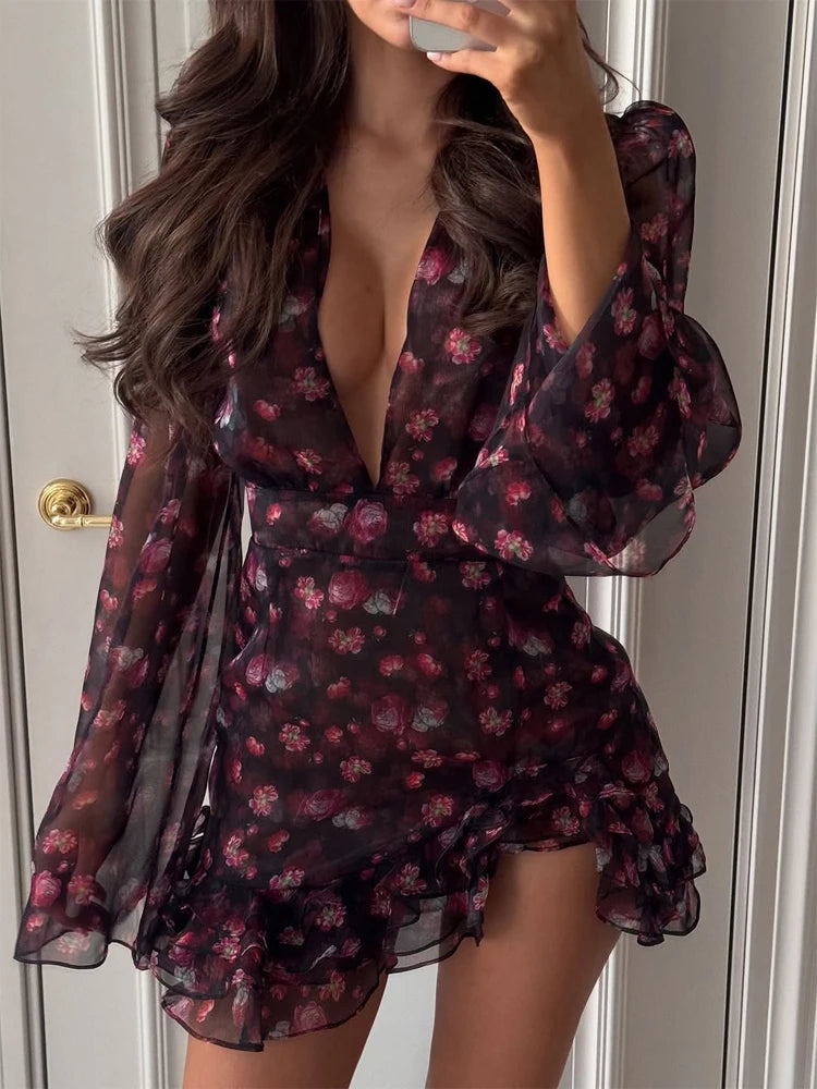 Chic V Neck Printed Flare Sleeve Mini Dress Elegant Pleated Hollow Out A-line Gown 2026 New Female Holiday Dinner Party Vestido