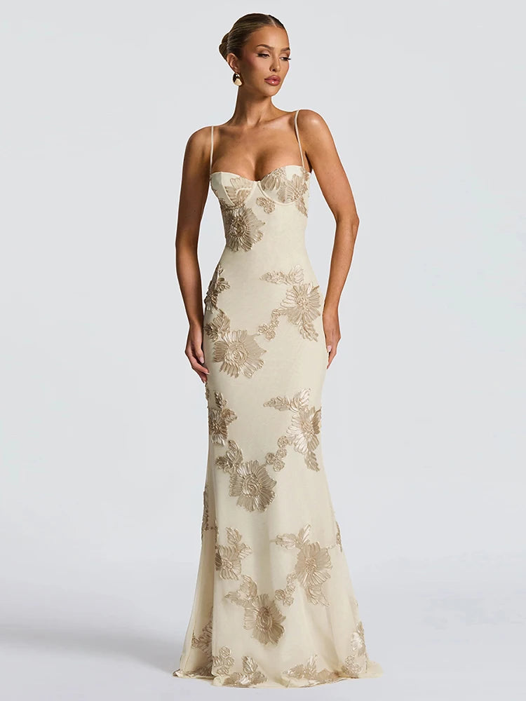 Weird Puss Flower Embroidery Maxi Dress Women Low-Neck Cross Bandage Backless Summer Street New Trend Skinny Elegant Vestidos