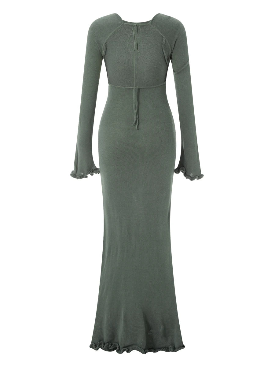 Women Long Sleeve Tie Backless Round Neck Ruffle Trim Long Dress Autumn Winter Knit Solid Color Bodycon Dress Beige/Grey/White