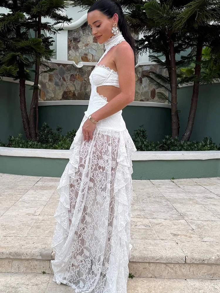 Sexy Lace Patchwork Dress Women Hollow Out Sleeveless Party Club Long Skirt See Through Halter Evening Gown Vacation Lady Robes