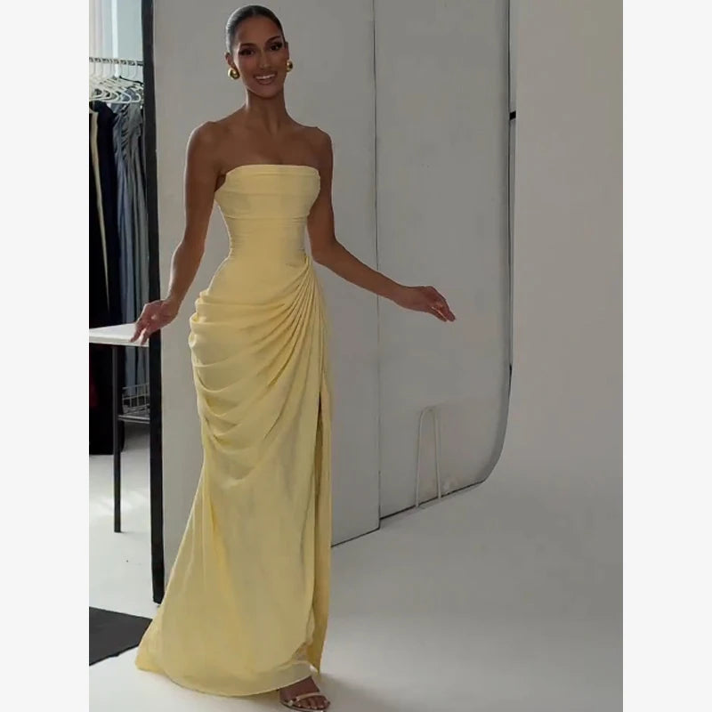 Women Sexy Solid Pleated Strapless Dress Lady Chic Off-shoulder Backless High Waist Split Dresses 2026 Summer Evening Party Gown
