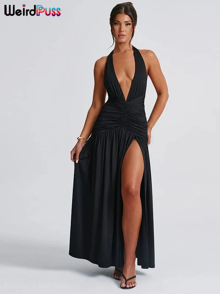 Weird Puss Deep V-Neck Halter Dress Woman Summer  Ruffles Splits Backless Elegant Patchwork Solid Party Coquette Sexy Vestidos