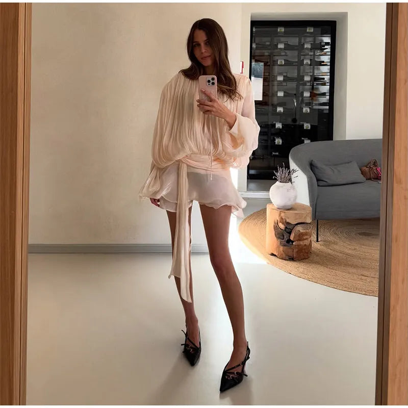 Chic V Neck Printed Flare Sleeve Mini Dress Elegant Pleated Hollow Out A-line Gown 2026 New Female Holiday Dinner Party Vestido