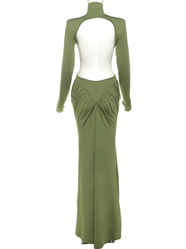 Weird Puss Backless Maxi Dress Women Long Sleeve Shoulder Pads Waistless Peach Buttocks Ruched Elegant Banquet Skinny Vestidos