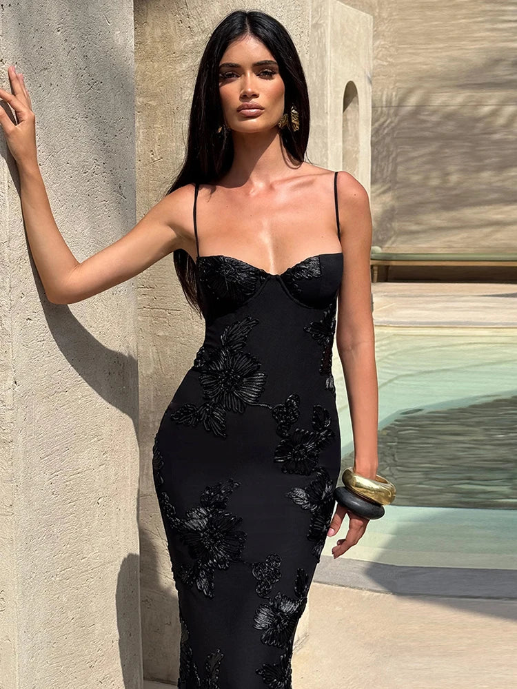 Weird Puss Flower Embroidery Maxi Dress Women Low-Neck Cross Bandage Backless Summer Street New Trend Skinny Elegant Vestidos