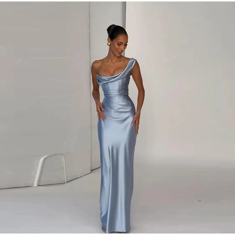 One Shoulder Satin Women 's Maxi Dress Cowl Neck Ruched Waist Bodycon Dresses 2026 Summer Woman Formal Evening Party Vestidos