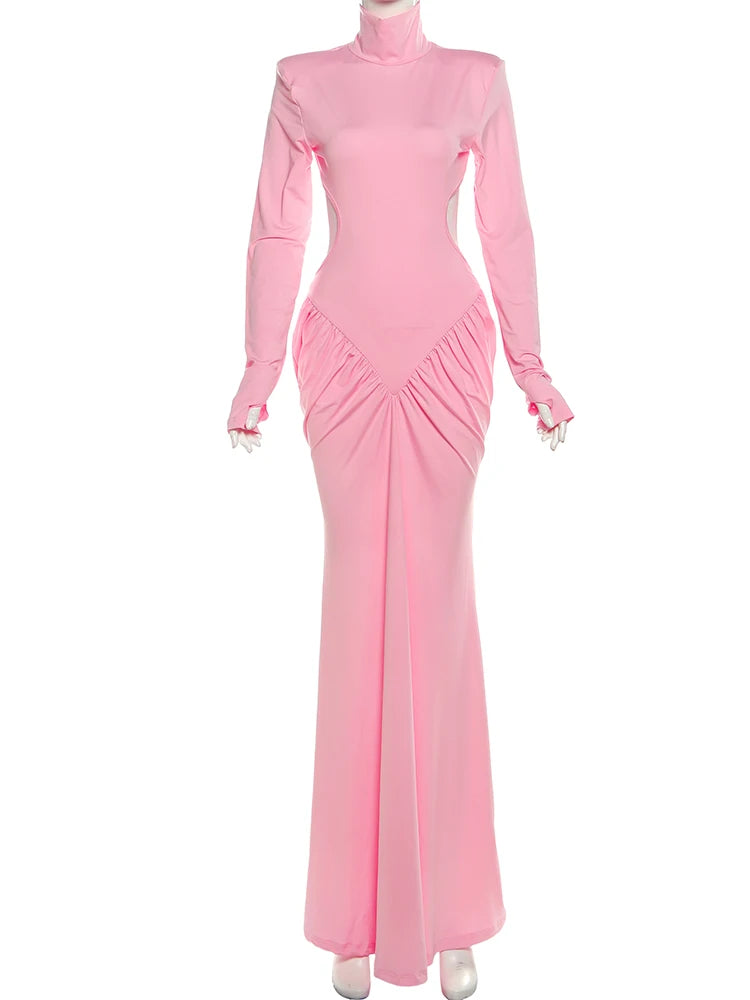 Weird Puss Backless Maxi Dress Women Long Sleeve Shoulder Pads Waistless Peach Buttocks Ruched Elegant Banquet Skinny Vestidos