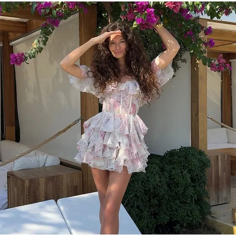 Chic V Neck Printed Flare Sleeve Mini Dress Elegant Pleated Hollow Out A-line Gown 2026 New Female Holiday Dinner Party Vestido