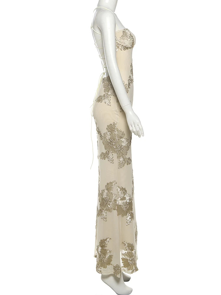 Weird Puss Flower Embroidery Maxi Dress Women Low-Neck Cross Bandage Backless Summer Street New Trend Skinny Elegant Vestidos