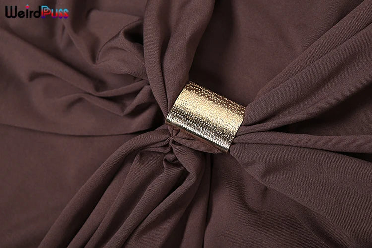 Weird Puss Elegant Party Dress Ruched Metal Buckle Ribbon Slash Neck Full Sleeve Skinny Stretch Birthday Party Slim Long Bodycon