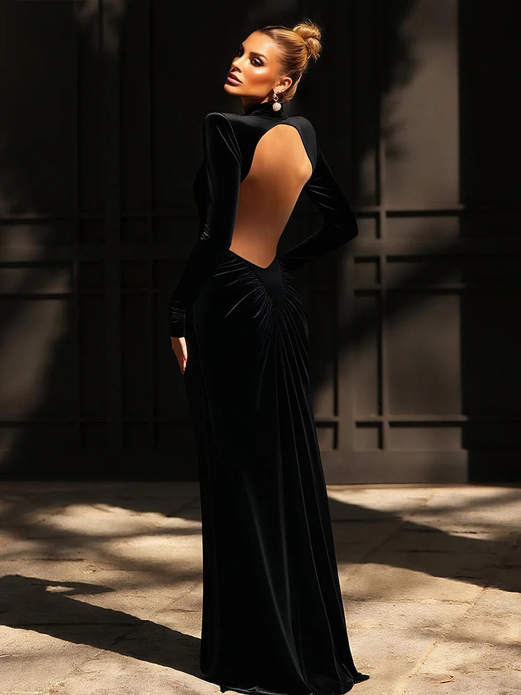 Weird Puss Backless Maxi Dress Women Long Sleeve Shoulder Pads Waistless Peach Buttocks Ruched Elegant Banquet Skinny Vestidos