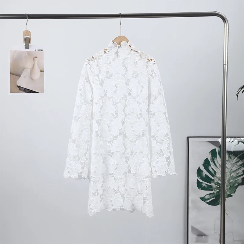 White Crochet Hollow-out Mini Dresses Women's Sexy IrregulaR Hem Stand Collar Full Sleeve Dress 2026 Spring New Lady Party Gowns