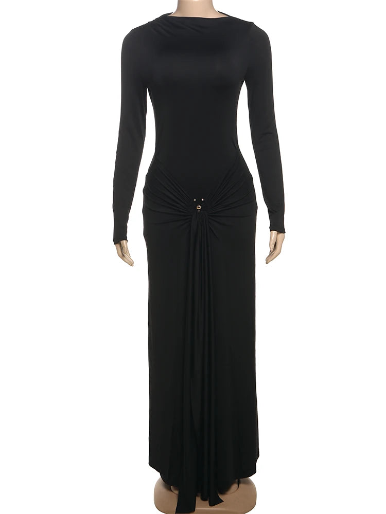 Weird Puss Ruched Elegant Maxi Dress Women Daily Casual Fashion Skinny Full Sleeve Solid Gown Midnight Prom Party Long Bodycon