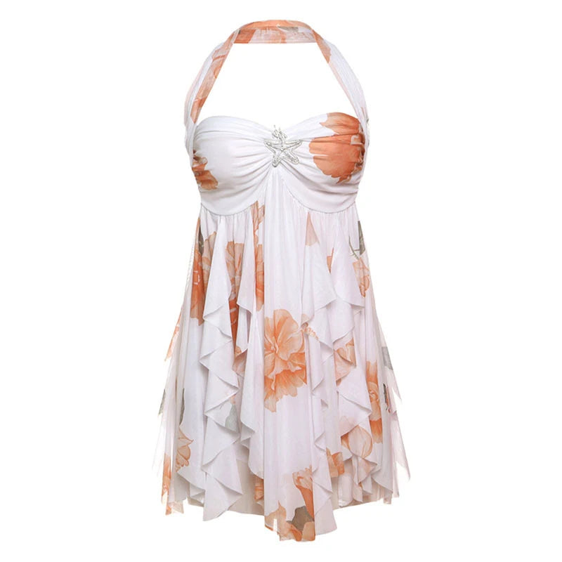 Floral Printd Lace Patchwork Sling Mini Dress Women Elegant Backless Sleeveless A Line Vestidos Chic Lady Holiday Street Wear