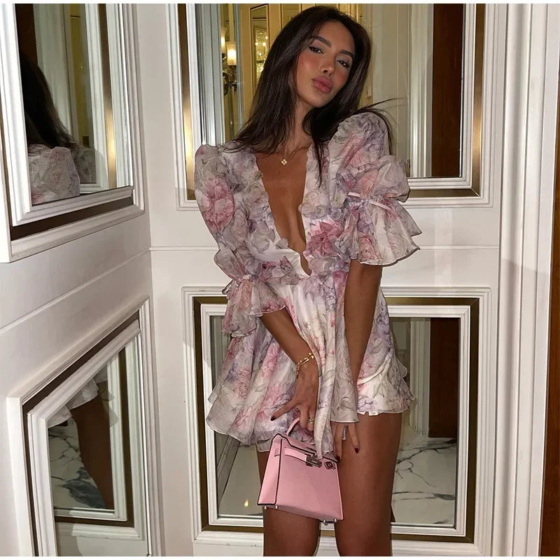 Chic V Neck Printed Flare Sleeve Mini Dress Elegant Pleated Hollow Out A-line Gown 2026 New Female Holiday Dinner Party Vestido