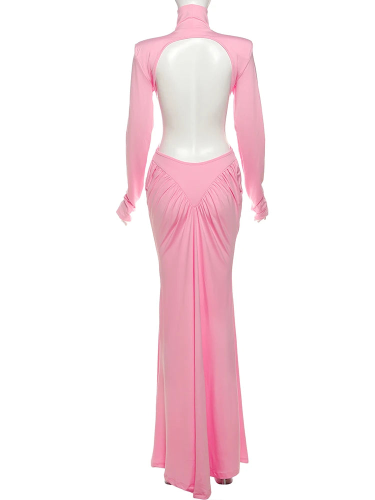 Weird Puss Backless Maxi Dress Women Long Sleeve Shoulder Pads Waistless Peach Buttocks Ruched Elegant Banquet Skinny Vestidos