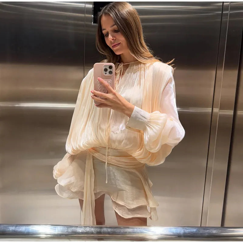 Chic V Neck Printed Flare Sleeve Mini Dress Elegant Pleated Hollow Out A-line Gown 2026 New Female Holiday Dinner Party Vestido