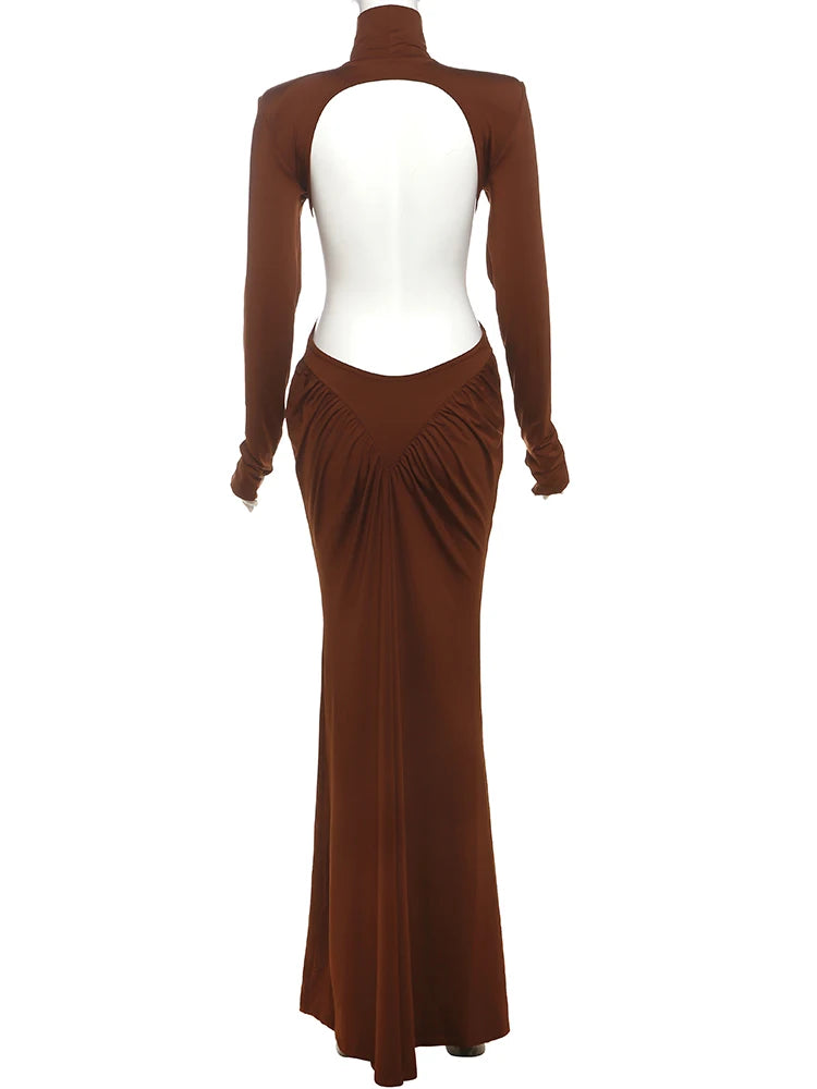 Weird Puss Backless Maxi Dress Women Long Sleeve Shoulder Pads Waistless Peach Buttocks Ruched Elegant Banquet Skinny Vestidos
