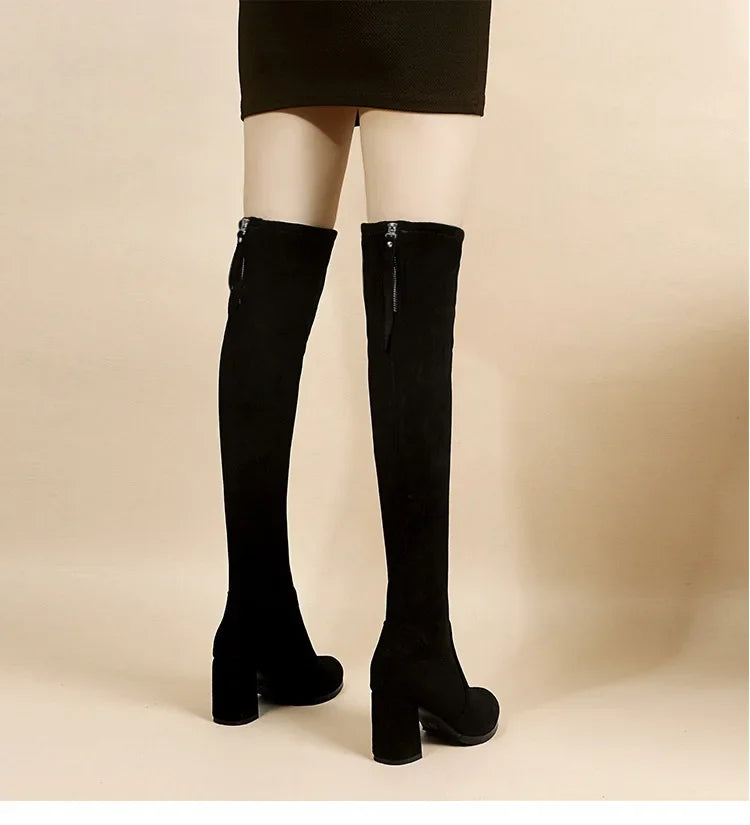 Faux Suede Female Heels Autumn Zipper Elastic Knee-high Boots for Women Tube Lace-up Thigh Gigh Boots Black Botas Mujer