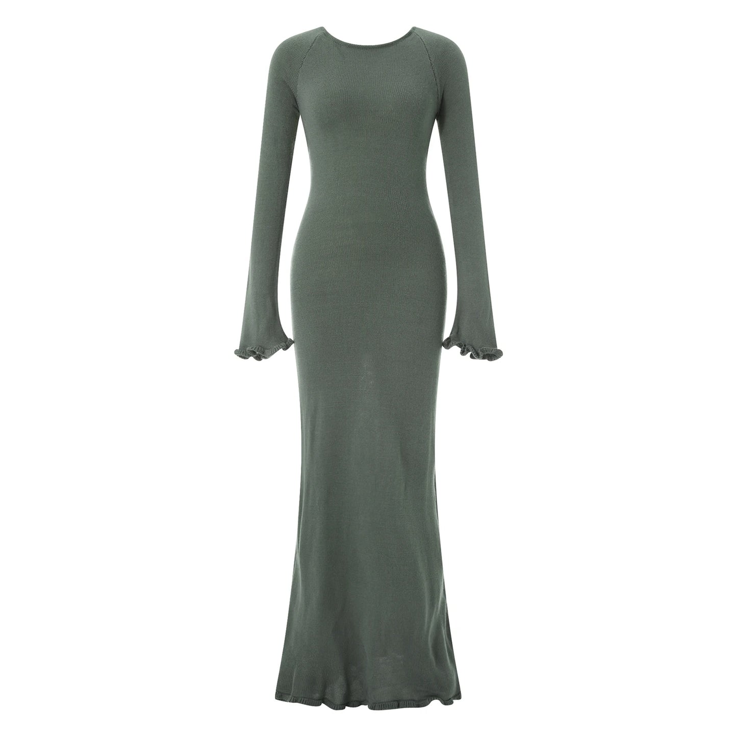 Women Long Sleeve Tie Backless Round Neck Ruffle Trim Long Dress Autumn Winter Knit Solid Color Bodycon Dress Beige/Grey/White