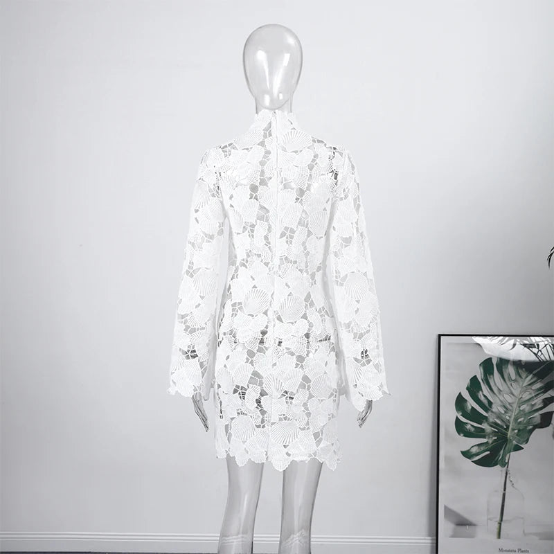 White Crochet Hollow-out Mini Dresses Women's Sexy IrregulaR Hem Stand Collar Full Sleeve Dress 2026 Spring New Lady Party Gowns