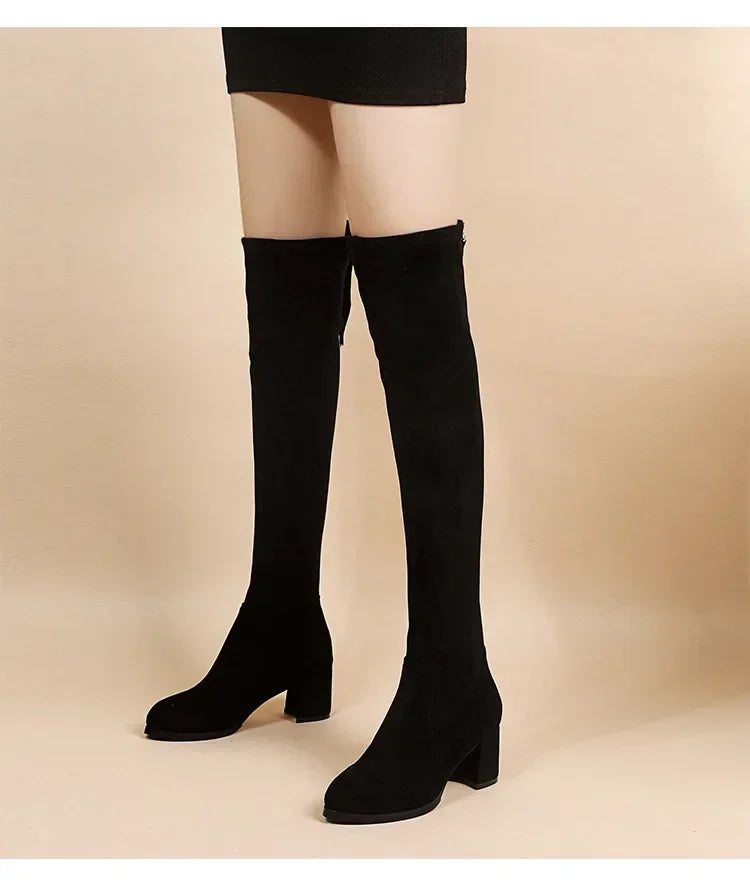 Faux Suede Female Heels Autumn Zipper Elastic Knee-high Boots for Women Tube Lace-up Thigh Gigh Boots Black Botas Mujer