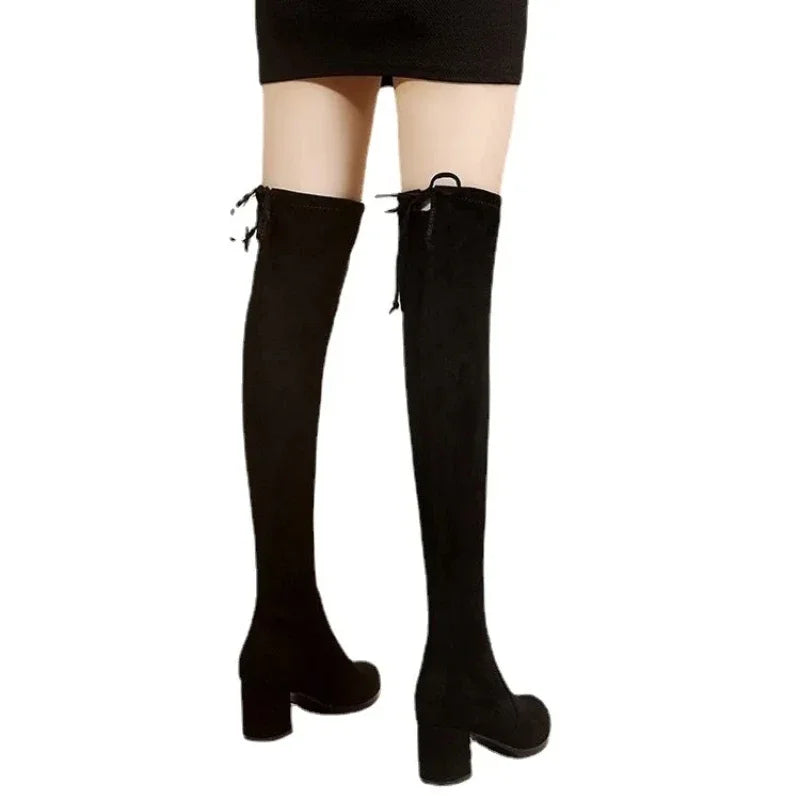 Faux Suede Female Heels Autumn Zipper Elastic Knee-high Boots for Women Tube Lace-up Thigh Gigh Boots Black Botas Mujer