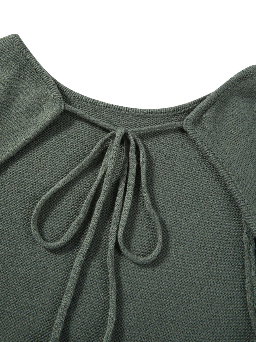 Women Long Sleeve Tie Backless Round Neck Ruffle Trim Long Dress Autumn Winter Knit Solid Color Bodycon Dress Beige/Grey/White