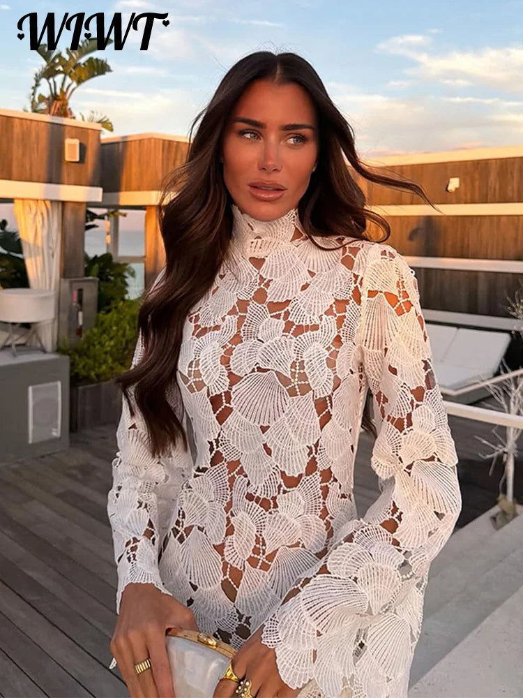 White Crochet Hollow-out Mini Dresses Women's Sexy IrregulaR Hem Stand Collar Full Sleeve Dress 2026 Spring New Lady Party Gowns
