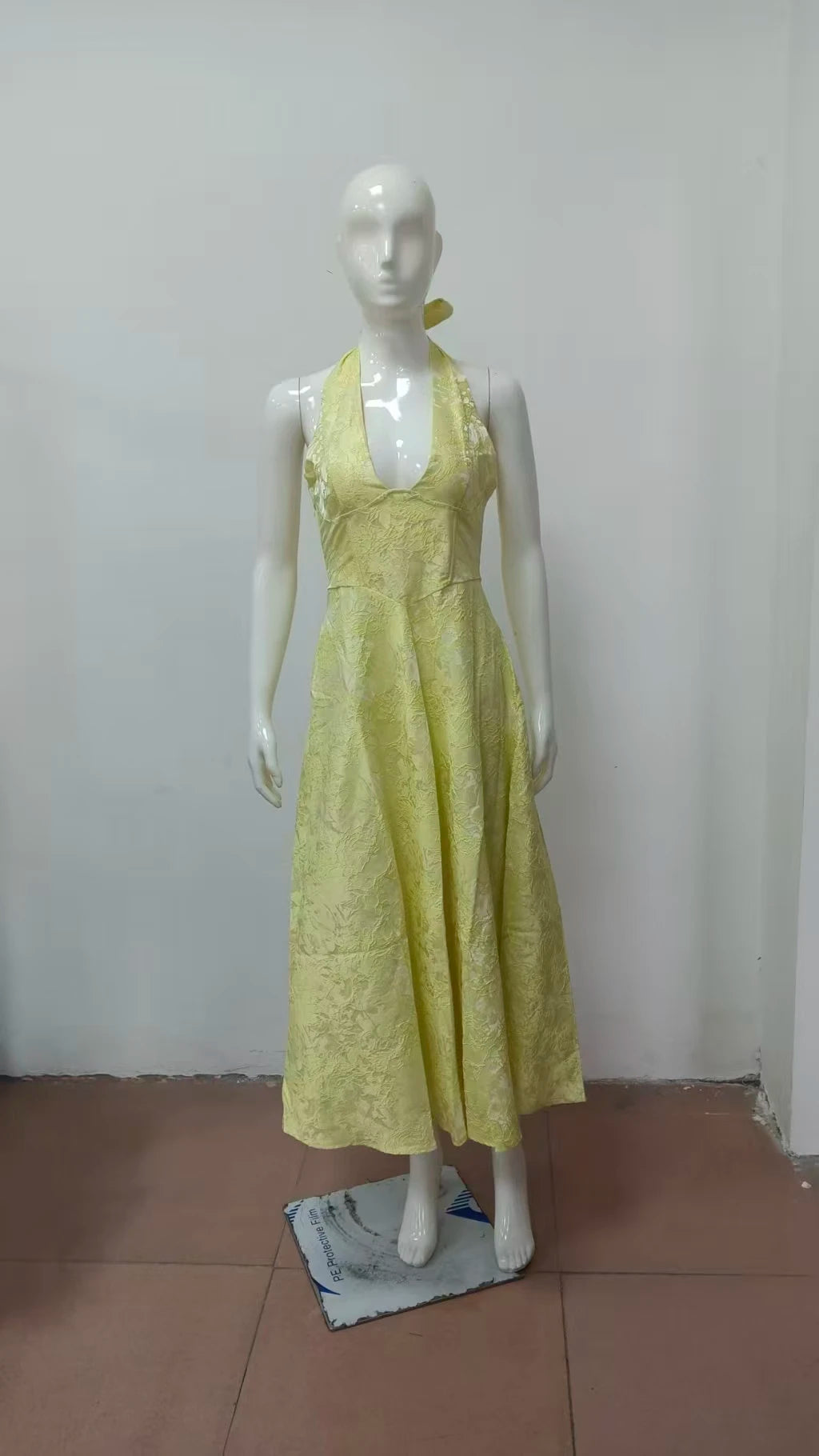 Elegant Pink Halter Jacquard Bow Long Dress Women's Corset Backless High Waist Yellow Dresses Summer Evening Party Wedding Guest