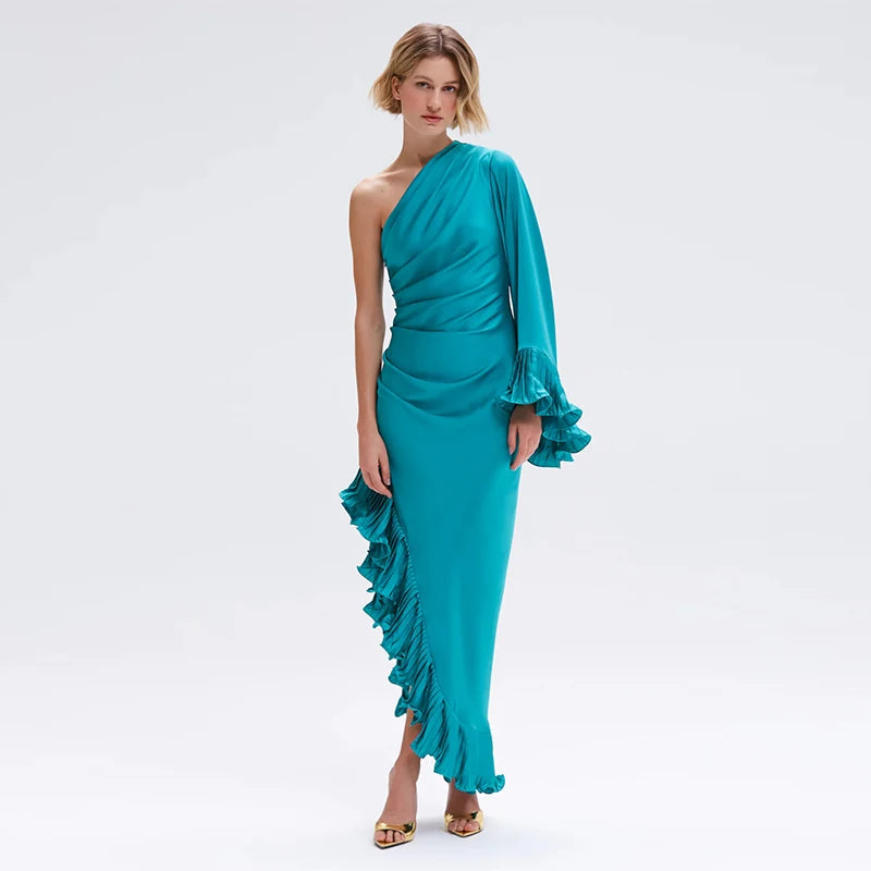 Blue Stain Evening Dresses for Women One Shoulder Long Sleeve Asymmetrical Ruffle Slim Long Dresses 2026 Spring New Party Gown