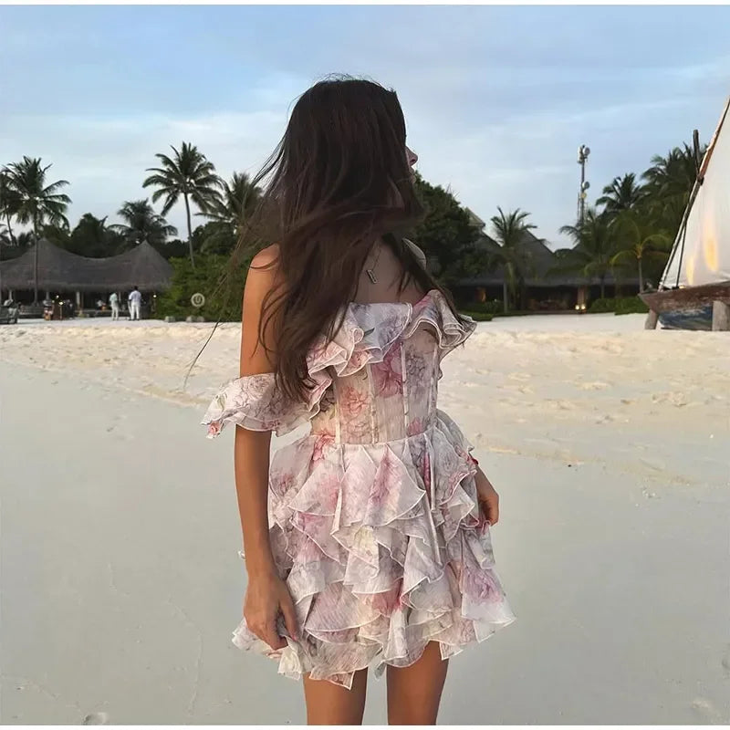 Chic V Neck Printed Flare Sleeve Mini Dress Elegant Pleated Hollow Out A-line Gown 2026 New Female Holiday Dinner Party Vestido