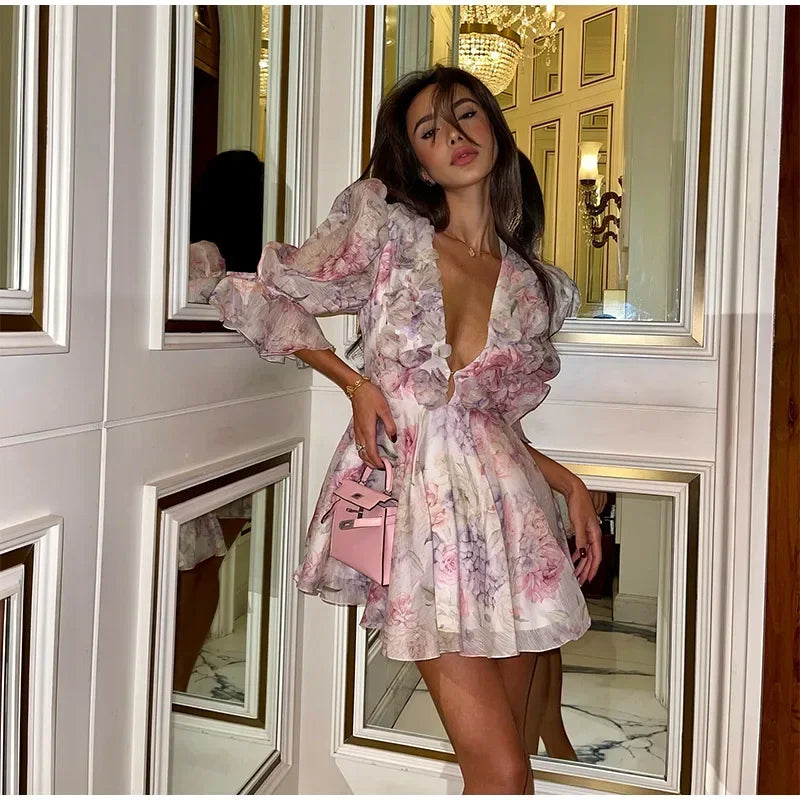 Chic V Neck Printed Flare Sleeve Mini Dress Elegant Pleated Hollow Out A-line Gown 2026 New Female Holiday Dinner Party Vestido