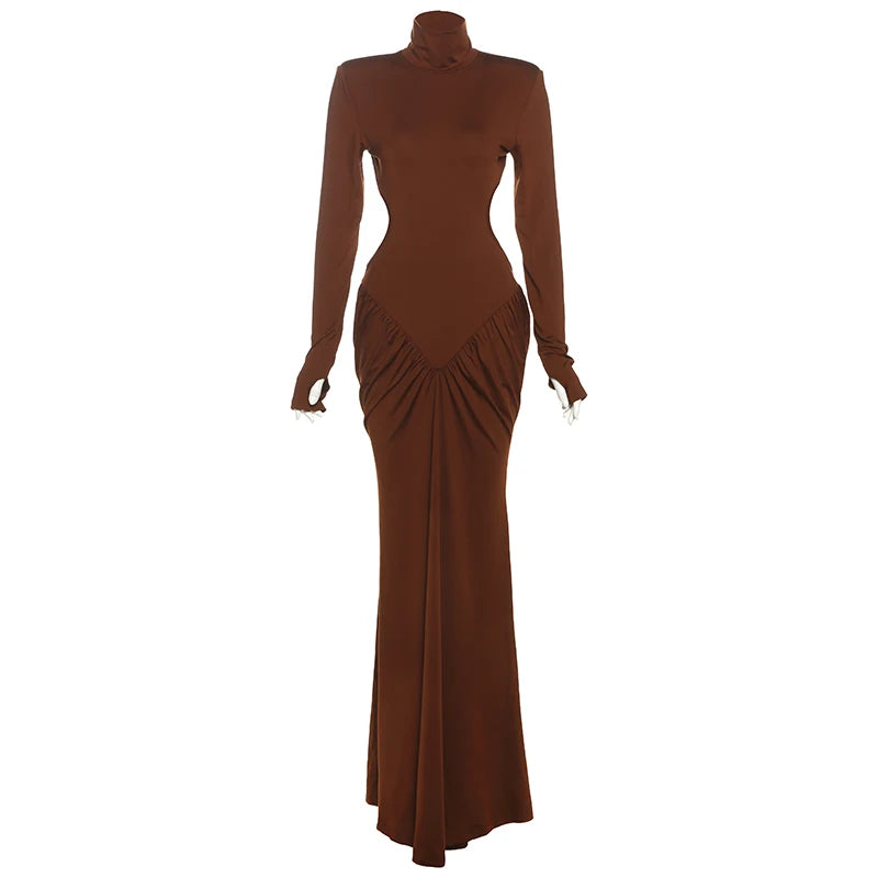 Weird Puss Backless Maxi Dress Women Long Sleeve Shoulder Pads Waistless Peach Buttocks Ruched Elegant Banquet Skinny Vestidos