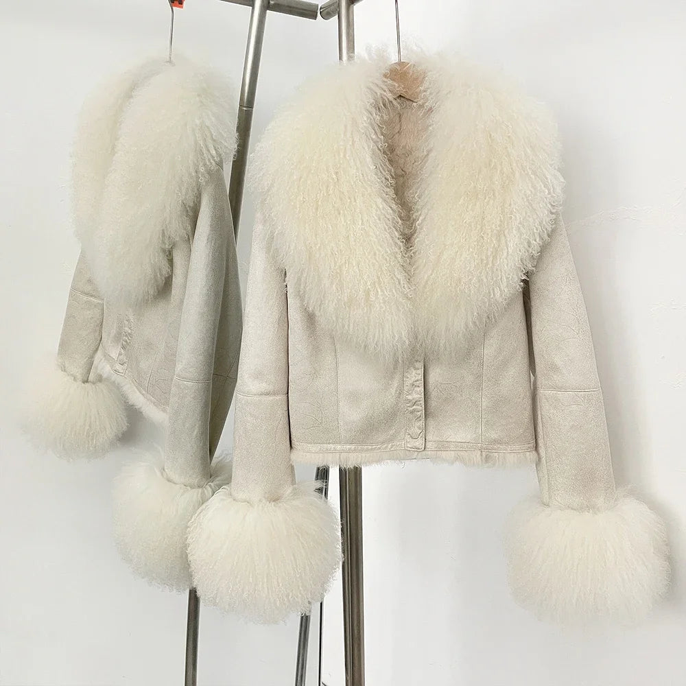 Real Mongolian Sheep Fur Coat 2025 Autumn Winter Suede Women with Long Sleeve New Arrival Winter Rabbit Fur Lining Fur Jacket