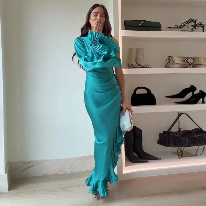Blue Stain Evening Dresses for Women One Shoulder Long Sleeve Asymmetrical Ruffle Slim Long Dresses 2026 Spring New Party Gown