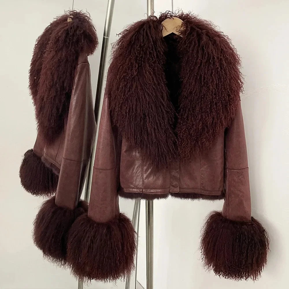 Real Mongolian Sheep Fur Coat 2025 Autumn Winter Suede Women with Long Sleeve New Arrival Winter Rabbit Fur Lining Fur Jacket