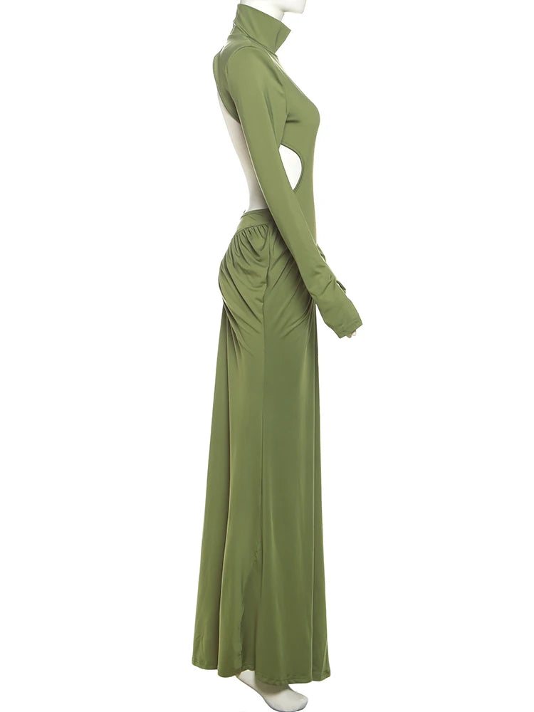 Weird Puss Backless Maxi Dress Women Long Sleeve Shoulder Pads Waistless Peach Buttocks Ruched Elegant Banquet Skinny Vestidos