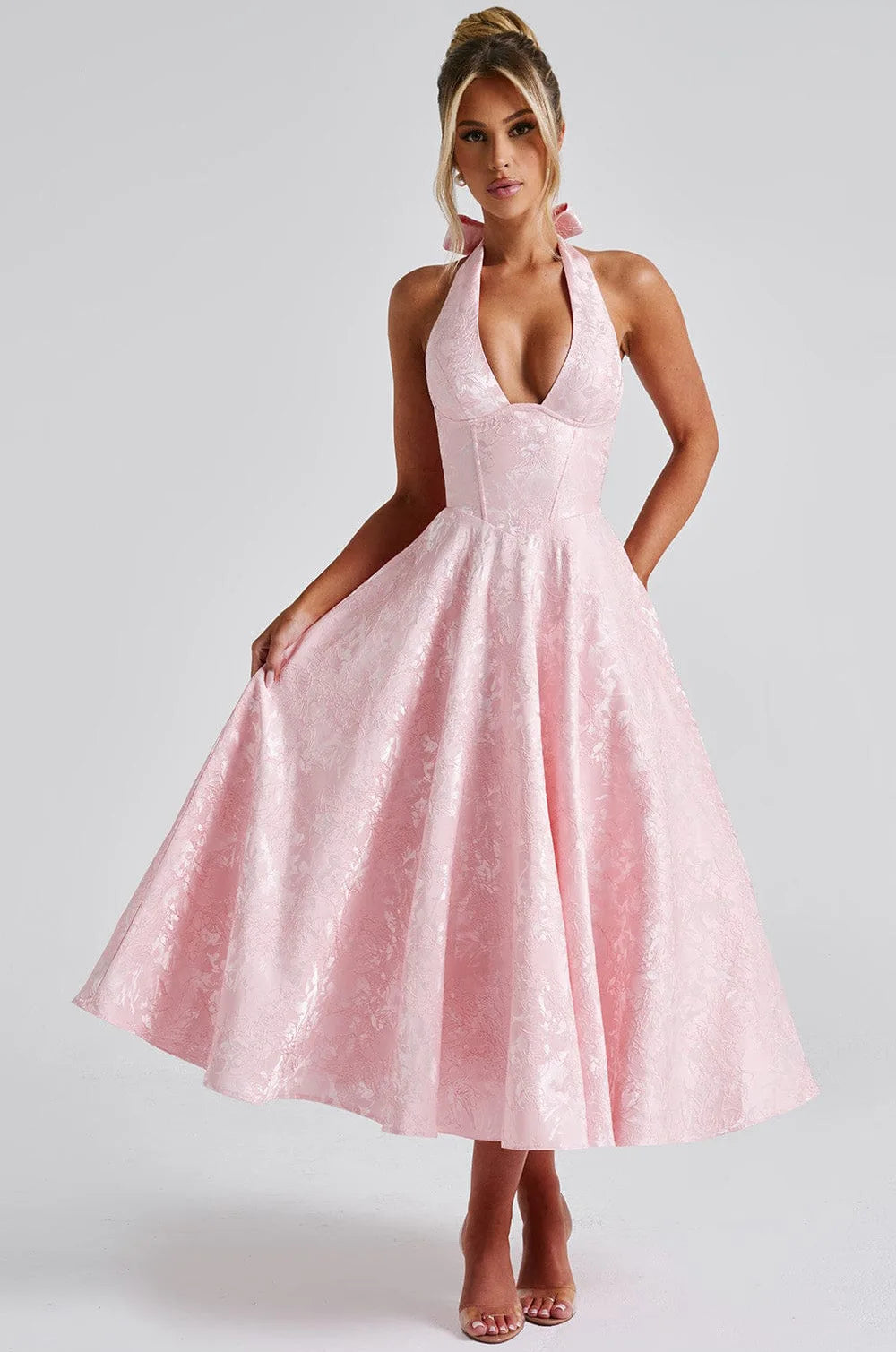 Elegant Pink Halter Jacquard Bow Long Dress Women's Corset Backless High Waist Yellow Dresses Summer Evening Party Wedding Guest